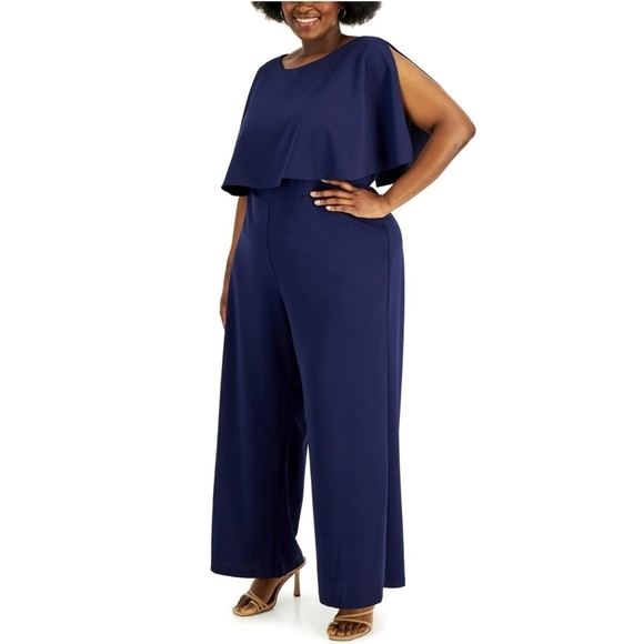 NWT Connected Apparel Women's Plus Capelet Wide Leg Jumpsuit in Navy - Picture 1 of 11